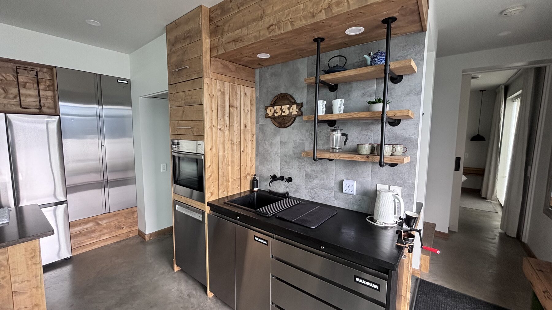 Coffee nook with open wood shelving